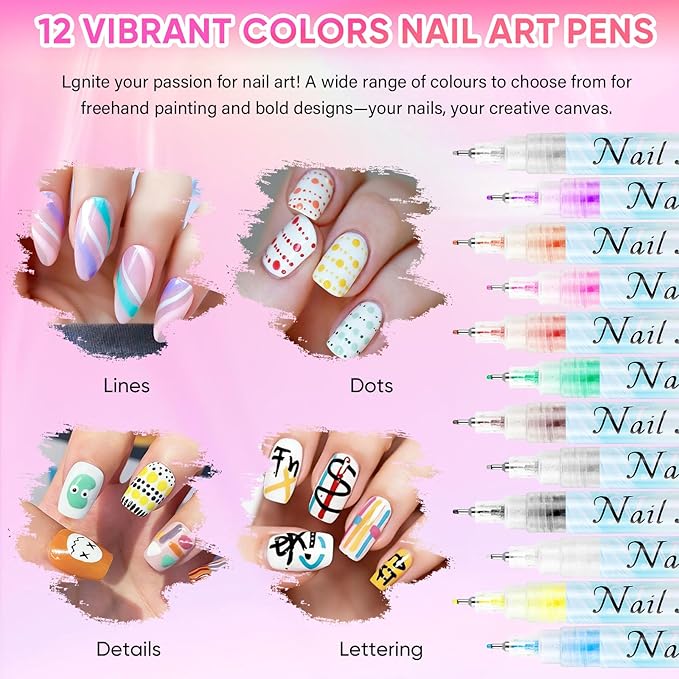 12 Colors Nail Art Pens Set, Nail Art Markers for 3D Nail Art, Nail Art Pens for Painting Nails Art Marker Drawing Painting Liner, Nail Polish Pens for DIY Nail Art Beauty Adorn Manicure Tools(1 Set)