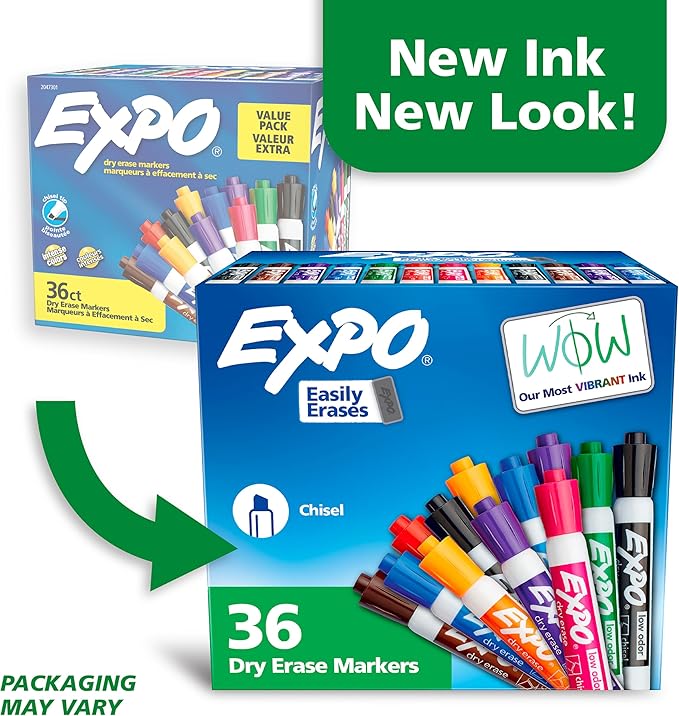 EXPO Chisel Tip Dry Erase Markers Low-Odor Assorted Colors Pack of 36 - Ideal for Classrooms Offices and Homes