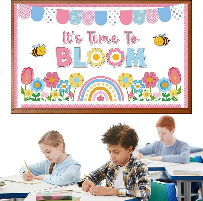 Spring Flower Bloom Bulletin Board Classroom Spring Bulletin Board Decorations Colorful Flower Bulletin Board with Rainbow Floral Paper Cutout Bee Cutouts for Classroom Door Wall Decor