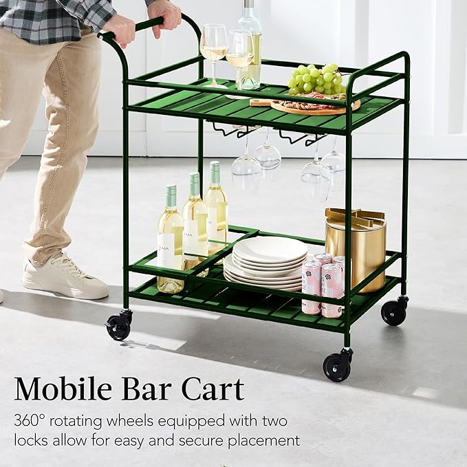 Best Choice Products Rolling Bar Cart, Mobile Home Bar Serving Cart, Serving Station w/ 2 Tier Shelves, Wine Rack, Lockable Wheels - Deep Green