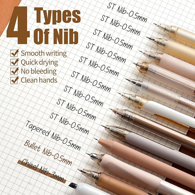 Four Candies Moor Series Gel Pens, Aesthetic Black & Brown Ink Pens with 0.5 mm Fine Point, Boho School Office Supplies Neutral Beige Desk Accessories, Set of 12