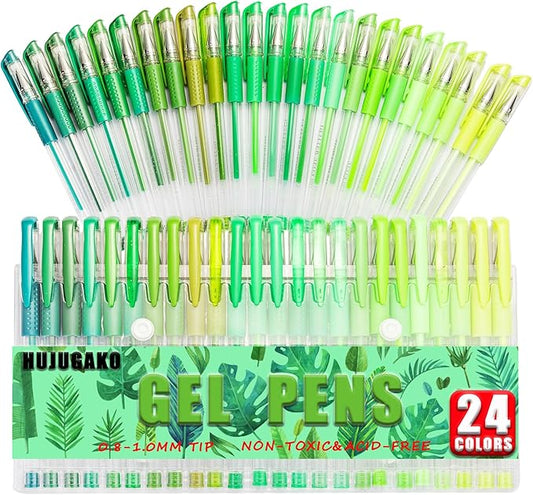 48 Pack Green Gel Pens, 24 Colored Gel Pen with 24 Refills,40% More Ink Write Smooth for Adults Coloring Books Drawing Doodling Scrapbooks Bullet Journaling