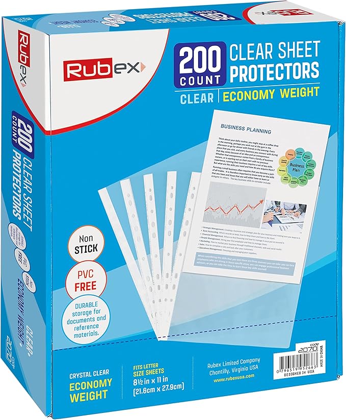 Rubex Sheet Protectors 8.5 x 11 inch Clear Page Protectors Plastic Sleeves Reinforced 11 Hole fit for 3 Ring Binder Top Loading 9.25 x 11.25 inch (200 Sheets)