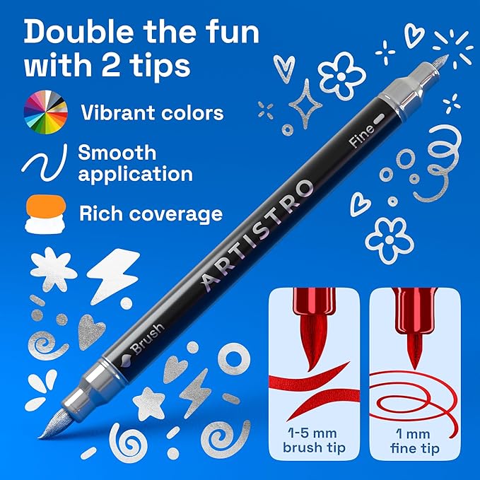 ARTISTRO 36 Metallic Acrylic Paint Markers - Paint Pens for Calligraphy, Brush + Fine Tips - Vision Board Supplies - Kit for Scrapbooking and Journaling - Art Supplies for Adults, Teens, Kids
