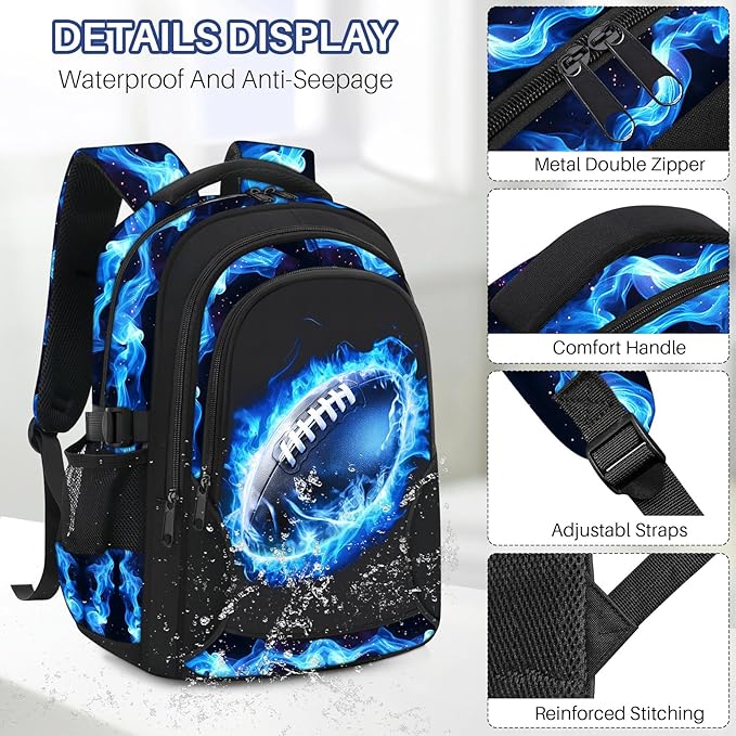 Kids Backpack for Boys - American Football Boys Backpacks for Kids Teens Elementary Middle School, 17″ Large Capacity Students Bookbag, Perfect for Travel and School