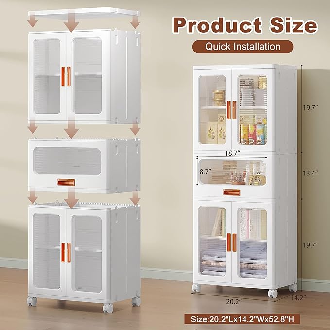 VECELO 226QT Stackable Storage Bins with Lids, Large Storage Cabinet with Drawer and Doors, Movable Wheels, Adjustable Shelves, Anti-Tip, for Living Room, Bedroom, Kitchen, White