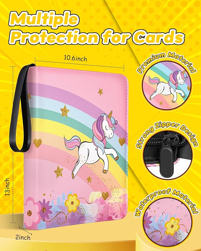 for 9 Pocket Card Binder Large Capacity for 900 Cards - Trading Card Collection Album Folder Double Sided Pocket with Zipper Rainbow Design for Girls Girly Teens for Sports Cards Game Cards