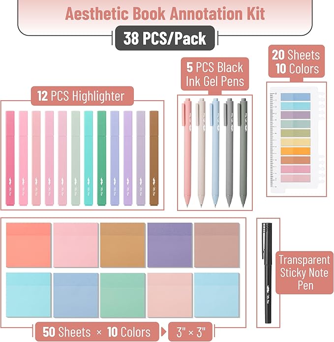 Mr. Pen- Aesthetic Book Annotation Kit, 38 pcs, Aesthetic Highlighters and Gel Pens, Transparent Sticky Notes, Transparent Sticky Tabs for Books, No Bleed Highlighters for Bible Pages No Bleed