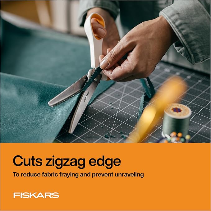 Fiskars Pinking Shears, Gifts for Mom, Fabric Scissors with Ergonomic Handle,Zig Zag Edge and Stainless Steel Blades, Orange/White