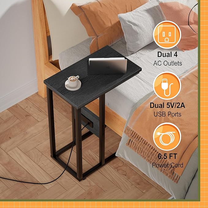 VECELO C Shaped End Table with Charging Station & Power Outlets, Quick Access Side Table for Sofa, C Bedside for Living Room Bedroom 1 Set,Black