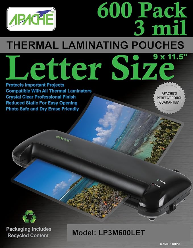 Apache 600 Pack Laminating Pouches 3 mil, Holds 8.5 x 11 Inch Letter Size (9 x 11.5 Inch Sheets), Office and School Supplies, Thermal Laminating Sheets, Super Clear, Round Corner