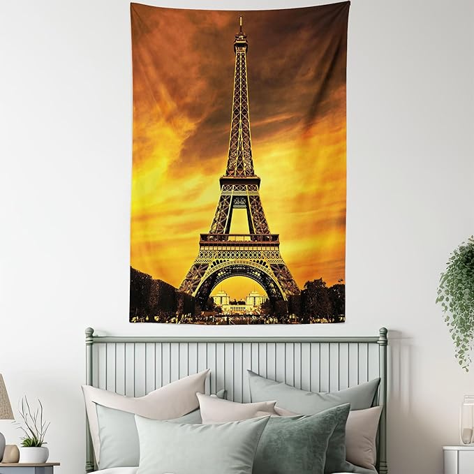 Ambesonne Eiffel Tower Tapestry, Paris Love City Monument in Dramatic Sunrise Picture of French Landmark, Fabric Wall Hanging Decor for Bedroom Living Room Dorm, 23" X 28", Yellow Brown