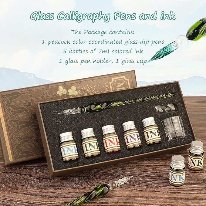 Mancola Glass Dipped Crystal Calligraphy Pen Set with 5 Colorful India Ink, 1 Pen Holder, 1 Cleaning Cup, Ink Drip Tool, Signatures, Drawing, Decoration Kits for Beginners