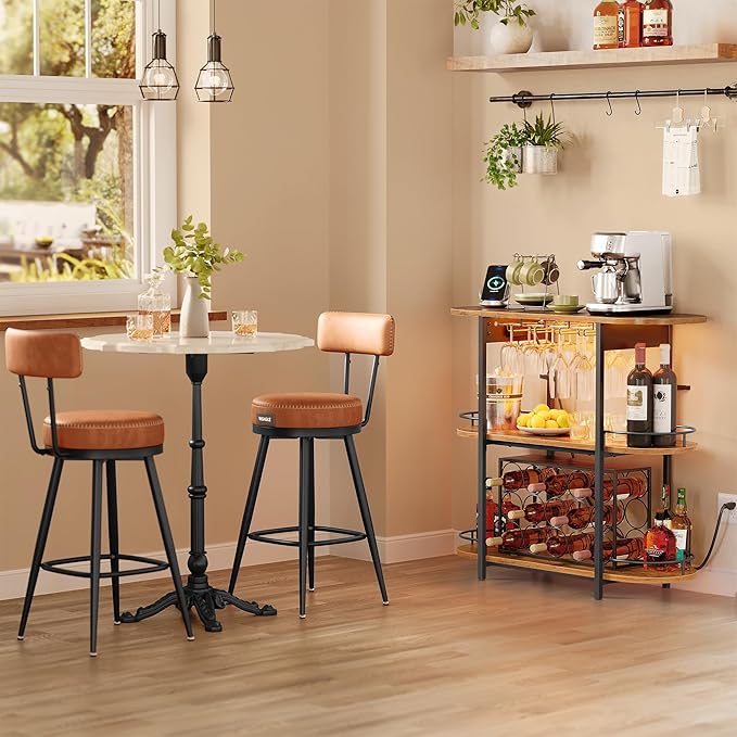 VASAGLE Bar Cabinet with LED Lights and Power Outlets, Freestanding Coffee Bar Wine Cabinet, Wine Rack, Glass Holder, Mini Bar for Liquor and Glasses, Kitchen, Dining Room, Rustic Brown ULWR007K01S