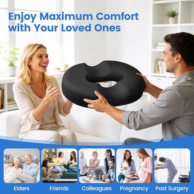 Donut Pillow for Tailbone Pain, Hemorrhoids - Cooling Gel Memory Foam Chair Seat Cushion for Office, Home & Wheelchair, Ergonomic Chair Pad for Pregnancy, Sciatica, Coccyx (XXL, Black)