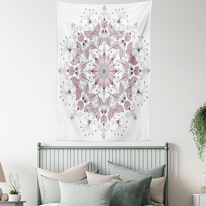 Ambesonne Mandala Tapestry Twin Size, Lacy Inspired Pastel Floral Motif with Butterfly and Lotus Branches Design, Wall Hanging Bedspread Bed Cover Wall Decor, 68" X 88", White Pale Pink