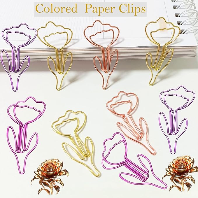 48 Pcs Metal Paper Clips Set - Multicolored Rose-Shaped Cute Paperclips for School and Office File Organization, Suitable for Party and Wedding Decor (ROSEFLOWER)