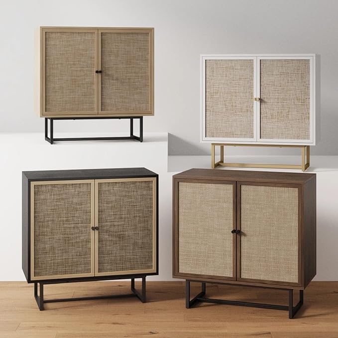 Nathan James Kova Rattan Wood Accent Natural Sideboard Storage Cabinet TV Stand with Matte Metal Frame, Adjustable Shelves and Cane Doors, for Hallway, or Living Room, White/Cane/Brass, Set of 3