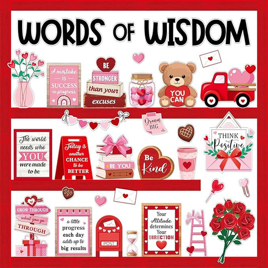 57 Pcs Sweet Bulletin Board Set Pink Red Heart Envelope Paper Cutouts Positive Quotes Classroom Bulletin Board Decor for School Chalkboard Wall Door Window
