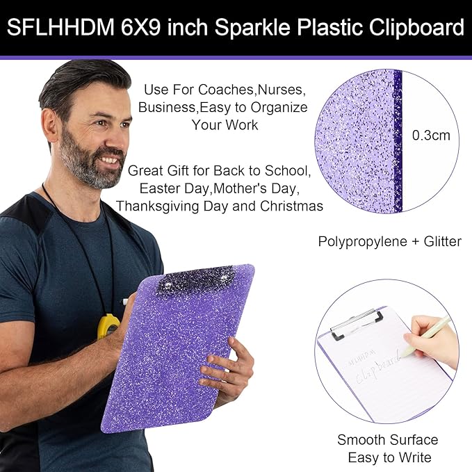 1 PCS A5 Size Clipboards,6x9 inches,Glitter Clipboard with Low Profile Clip,Sparkle Plastic Clipboard,Cute Hanging Clip Boards for Office Supplies