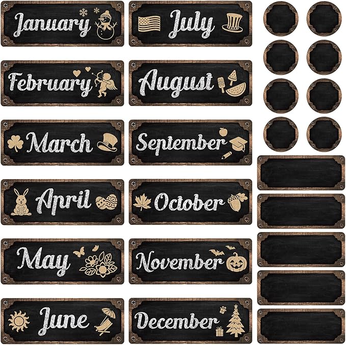 Gueevin 60 Pcs Industrial Chic Months of The Year Bulletin Board Set Holiday Monthly Headliners Employee of The Month Sign 12 Seasonal Monthly Headers for School Classroom Teacher Chalkboard Calendar