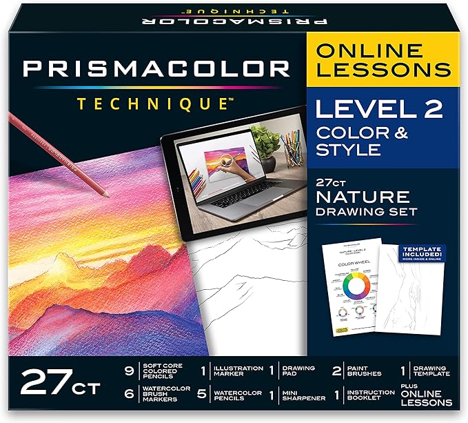 Prismacolor Technique Art Supplies and Digital Art Lessons Nature Drawing Set Level 2 Watercolor Pencils Brush Markers and More Sunset Landscape Drawing 27 Count