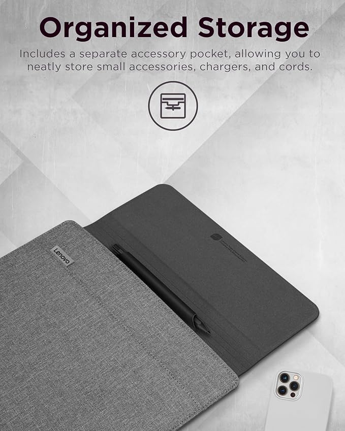 Lenovo Slim Laptop Sleeve 16 Inch Notebook/Tablet - Compatible with MacBook Air/Pro - Eco-Friendly Lightweight Case with Accessory Pocket & Magnetic Closure - Grey