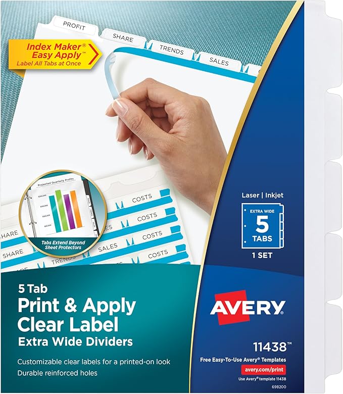 Avery 5-Tab Extra Wide Binder Dividers, Easy Print & Apply Clear Label Strip, Index Maker,White, 1 Set (11438)