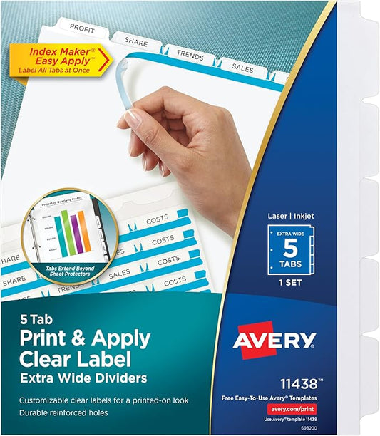 Avery 5-Tab Extra Wide Binder Dividers, Easy Print & Apply Clear Label Strip, Index Maker,White, 1 Set (11438)