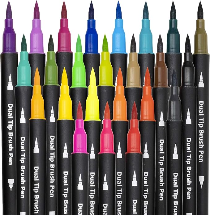 Dual Brush Marker Pens,24 Colored Markers,Fine Point and Brush Tip for Adult Coloring Books Bullet Journals Planners,Note Taking Coloring Writing
