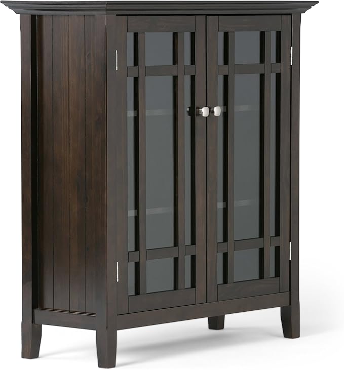 SIMPLIHOME Bedford Storage Cabinet - 39 inch Wide Solid Wood Medium Cabinet in Dark Tobacco Brown, Transitional Console for Living Room, Entryway, or Dining Room with Glass Doors and Shelves