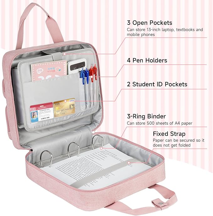 Zipper Binder 3 Ring, 500 Sheets Capacity, Binder 2 Inch with Shoulder Strap Fits 13 Inch Laptop for School and Office,Pink