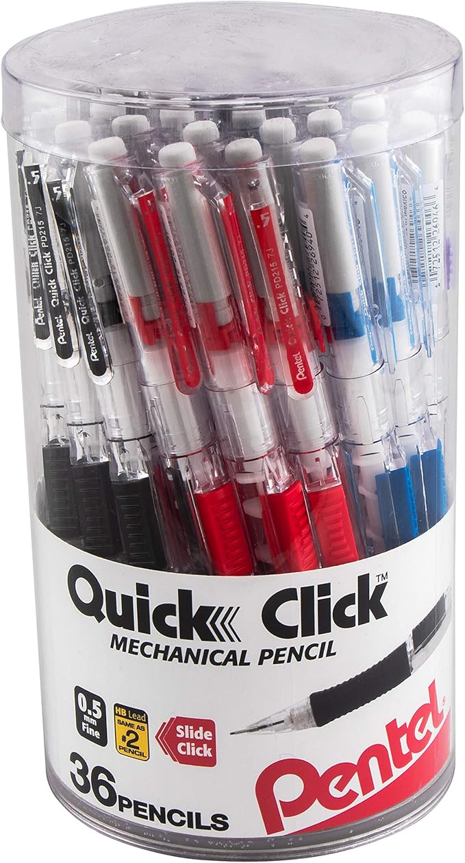 Pentel Quick Click Mechanical Pencil, (0.5mm) Fine Line, Canister, Assorted Colors (A/B/C/N/V), 36-PK (PD215PC36M)