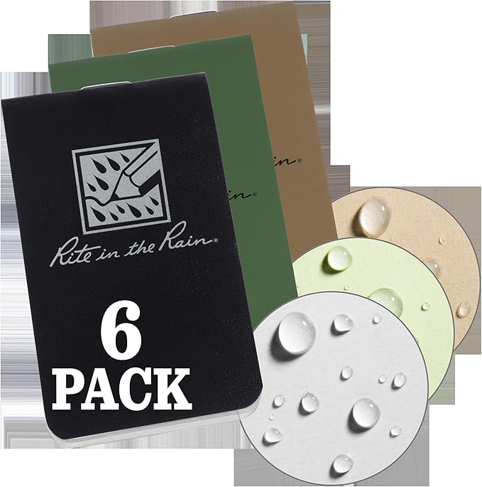 Rite in the Rain Weatherproof On The Go Wallet Notebook, 2" x 3.375", 2 Each Tan, Green, Black Cover, Blank Pages, 6 Pack (No. OTG-TACL)