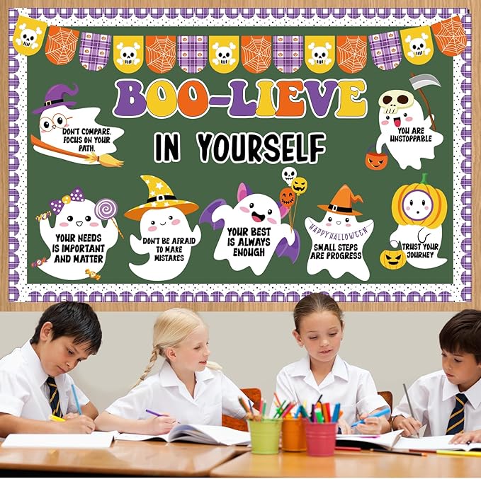 Halloween Ghost Bulletin Board Set Classroom Decorations Cute Ghost Paper Cutouts Halloween Theme Motivational Inspirational Bulletin Board for School Classroom Home Office Wall Door Decor Supplies