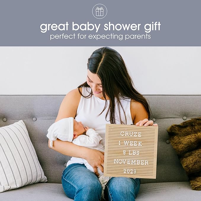 Pearhead Wooden Letter Board, 10 x 10 Inch Felt Message Board with Letters and Numbers for Baby Milestones and Home Décor