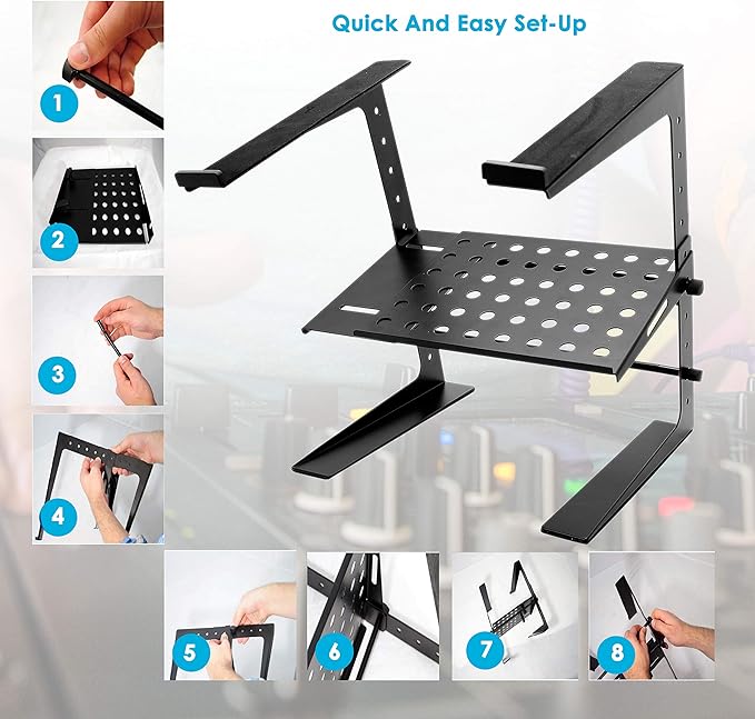 Pyle Portable Adjustable Laptop Stand - 6.3 to 10.9 Inch Standing Table Monitor or Computer Desk Workstation Riser with Shelf Storage and Height Alignment for DJ, PC, Gaming, Home or Office - PLPTS26