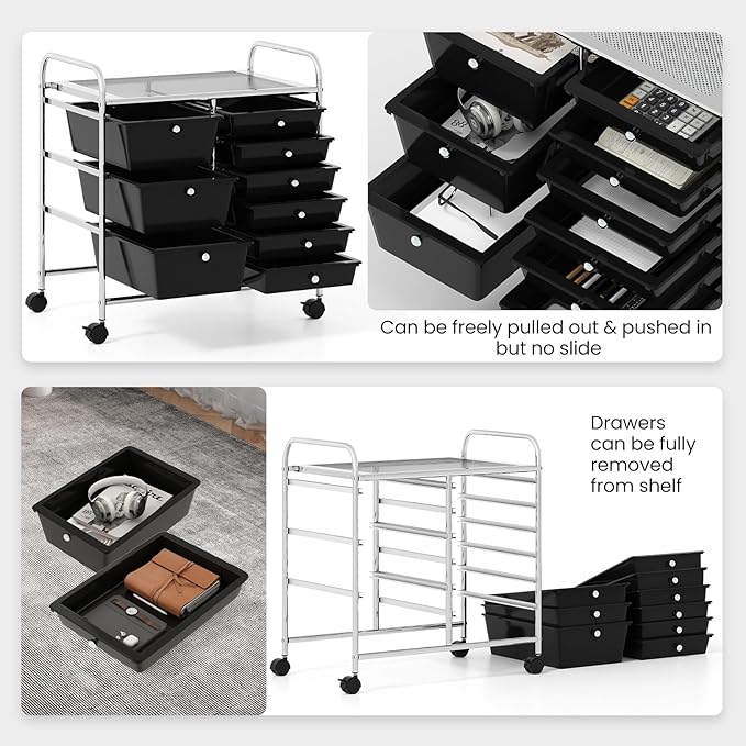 COSTWAY Rolling Storage Cart with 9 Drawer, Mobile Utility Cart with Metal Frame, Art Supply Craft Organizer, Multipurpose Storage Organizer for Paper, Office, School Teacher, Classroom, Black