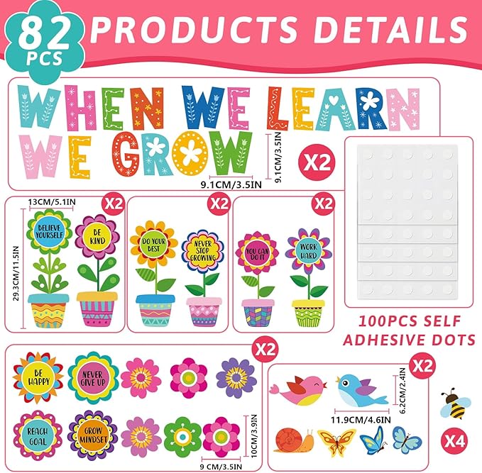 82Pcs Spring Themed Flower Growth Mindset Bulletin Board Set Classroom Decorations When We Learn We Grow Floral Cutouts Positive Sayings Colorful Flower Cutouts for Kids School Offices Supplies