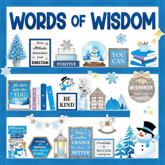 57 Pcs Winter Bulletin Board Set Inspirational Snowflake Bulletin Board Decoration Positive Cutout Classroom Decoration for School Office Home Teacher Classroom Wall Supplies