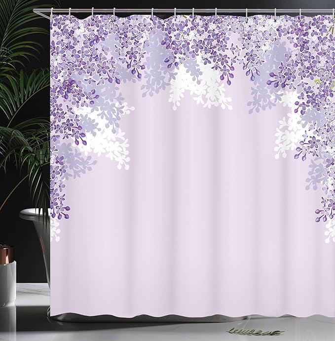 Ambesonne Flower Shower Curtain, Framing Lilac Flowers in Blossom Vernal Season Soothing Color Shades Artwork, Cloth Fabric Bathroom Decor Set with Hooks, 69" W x 84" L, Blue Violet