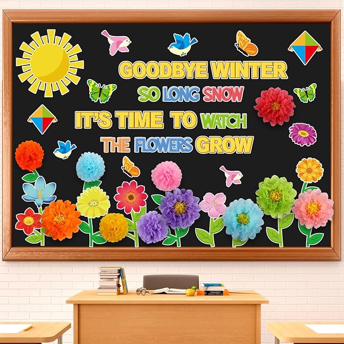 Pasimy 3D Summer Flowers Bulletin Board Decorations Set for Classroom Watch The Flower Grow Decor Floral Butterfly Bulletin Board Cutouts Borders Letters Summer Classroom Preschool Chalkboard Wall