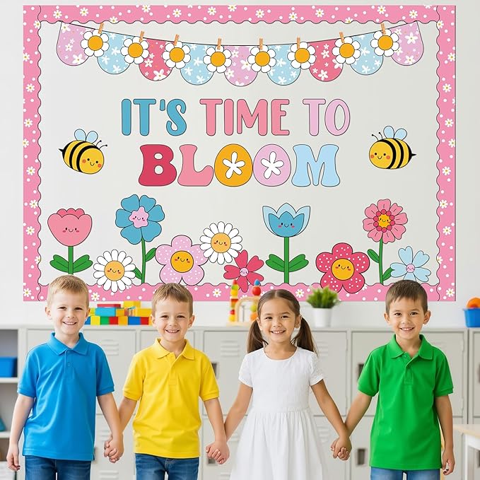 81 Pcs Spring Classroom Bulletin Board Decorations It's Time to Bloom Bulletin Board Colorful Flower Cutouts Classroom Wall Decor for Spring Elementary School Teacher Chalkboard Supplies
