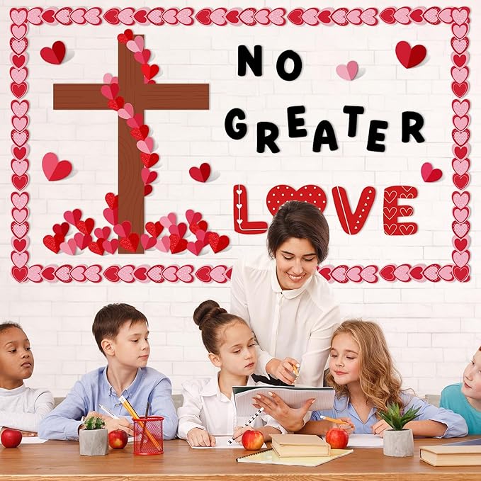 Valentine's Day Bulletin Board Decoration 3D Valentines Red Pink Heart Classroom Decorations Heart Religious Cross Cutouts Christian Bulletin Board for School Home Office Wall Door Decor Supplies