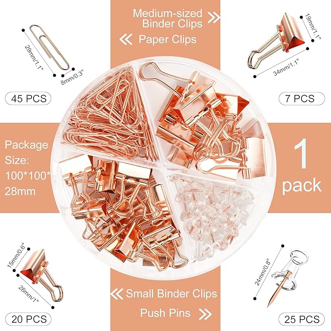 97 PCS Office Supplies for Women, Paper Clips, Binder Clips and Push Pins Set, Paperclips Thumb Tacks School and Home Desk Supplies, Desk Organized (Rose Gold)