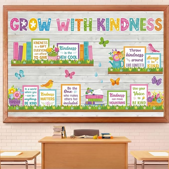 Qilery Grow with Kindness Bulletin Board Set Spring Classroom Decorations - Motivational Reading Posters for Teachers Elementary School Library Wall Decor Flower Book Cutouts for Kindness Week Display