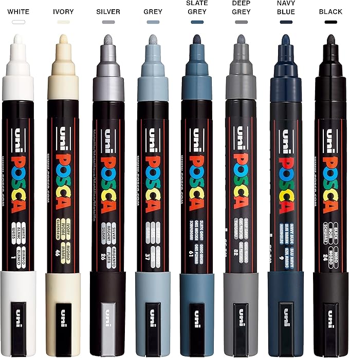 posca Markers Set, 8 Medium Paint Markers 5M – Mono Tone – White, Ivory, Silver, Grey, Navy Blue, Black
