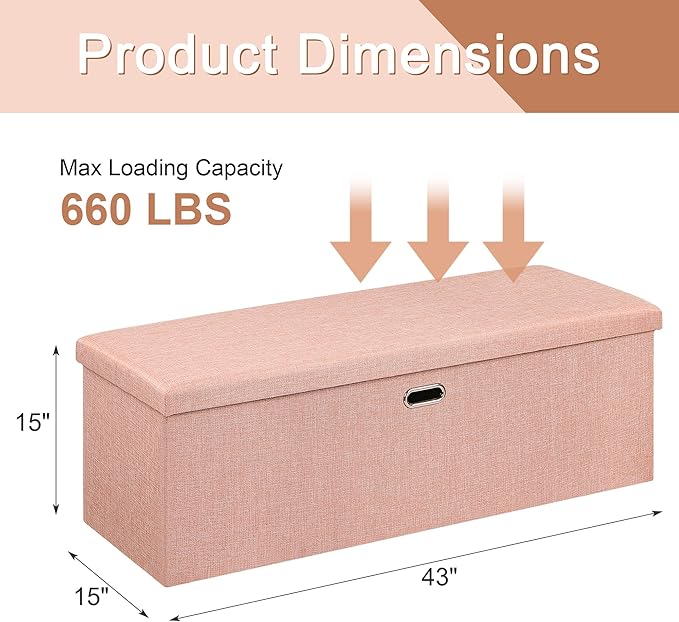 VECELO 43'' Folding Storage Ottoman Bench, End of Bed Linen Fabric Foot Rest Stool with Padded Seat, Large Footstools for Bedroom, Living Room, Load 660 lb, Pink