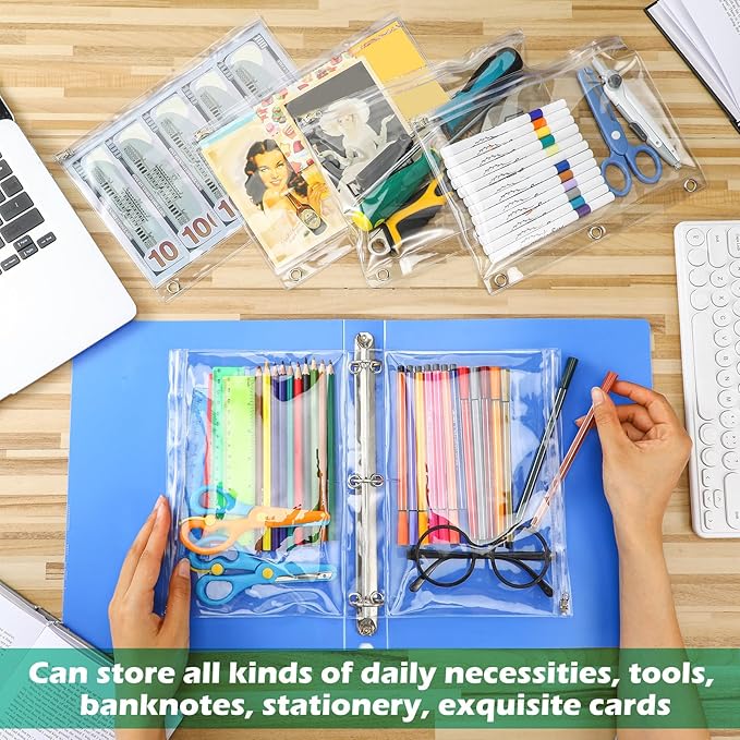 Lincia 20 Pack Clear Pencil Pouch for 3 Ring Binder Zippered 3 Ring Binder Pocket Inserts Bag Pencil Case 10 x 7'' Visible Cash Envelope with Re-enforced Grommet for College Office
