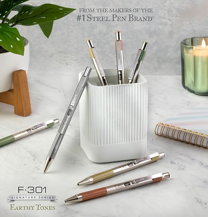 Zebra Pen F-301 Signature Series Retractable Ballpoint Pen, 0.7mm, Black Easy-Glide Ink, Stainless-Steel Barrel with Earth Tone Accents, Ideal for Office, Journal and Planner Use, 4-Pack (27304)